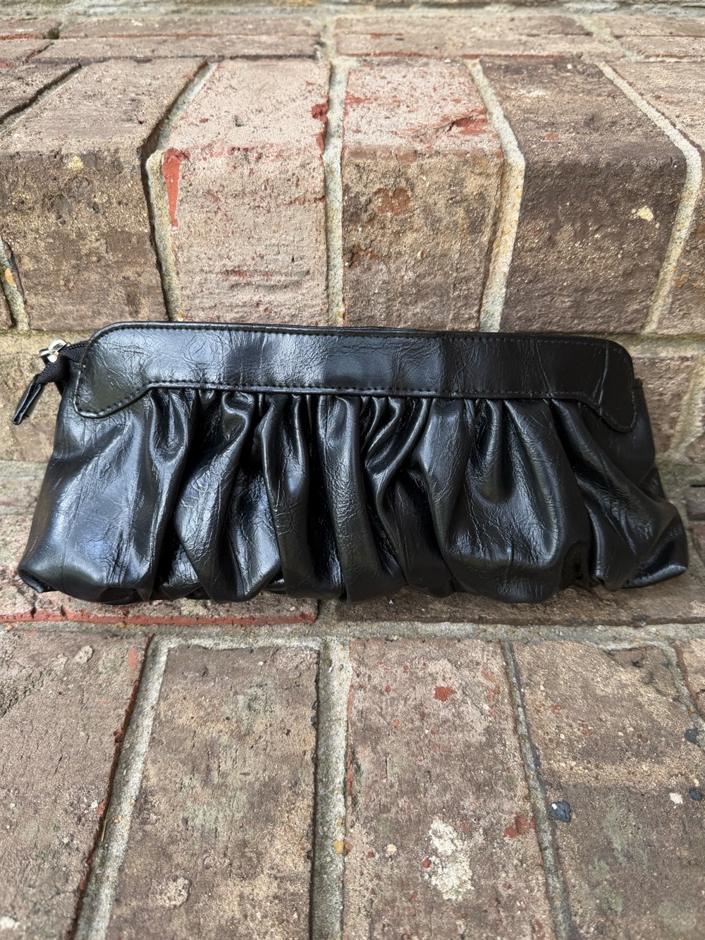 Necessary Objects Black Ruched Clutch Polka Dot Lining Zip Pouch